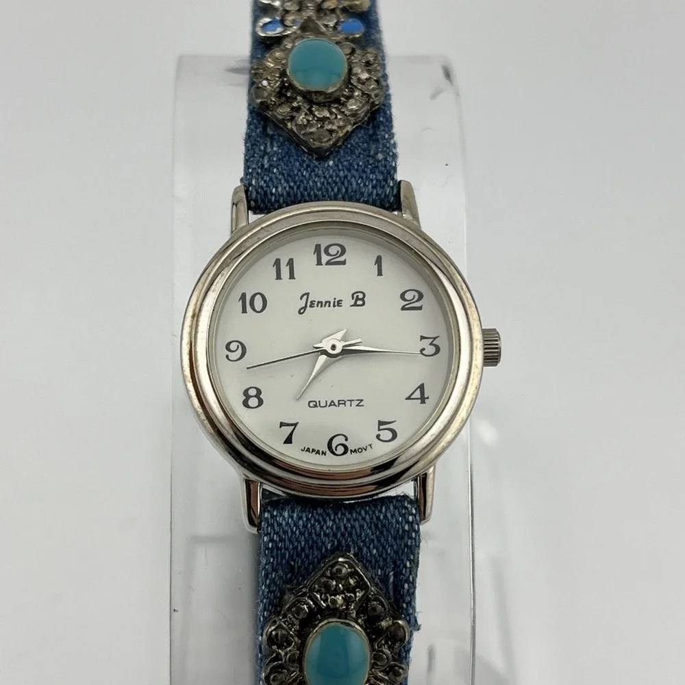 Jennie‎ B Watch Women 24mm Case Denim Leather Silver Tuquoise Band- New Battery